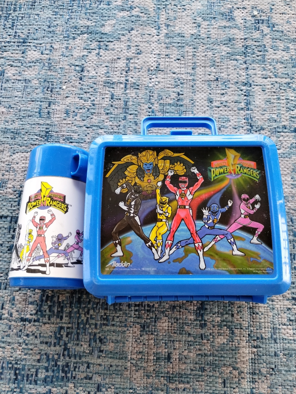 1993 Aladdin Power Ranger Blue Plastic Lunchbox and Matching Thermos Set